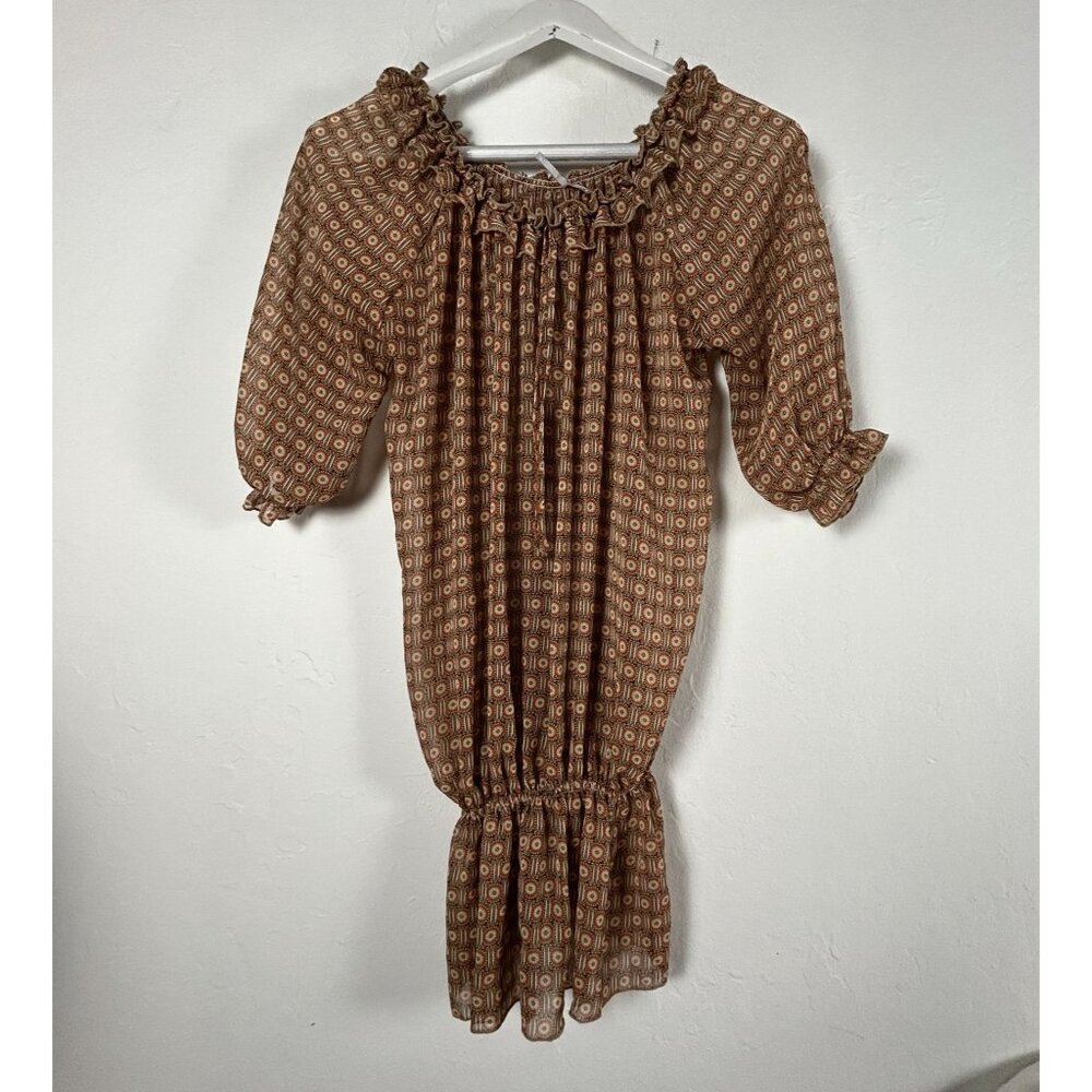 Max Rave Womens Off-Shoulder Smocked Ruffle Tunic Top Blouse Medium Brown Floral